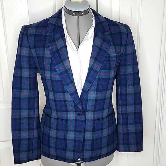 Pendleton Tartan Plaid Blazer Vintage Size Medium Petite Blue